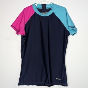 ✨3/$15 Eddie Bauer blue pink short sleeve rash guard swim top 14/16
